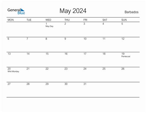 Printable May 2024 Monthly Calendar With Holidays For Barbados