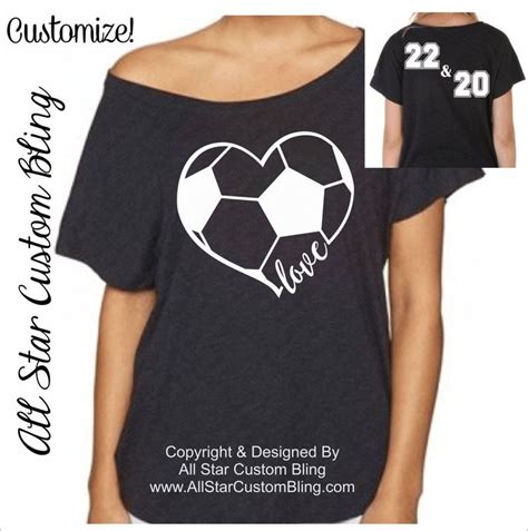 Custom Glitter Soccer Heart Off Shoulder Shirt With Two Player Numbers