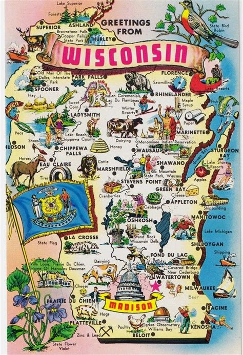Vintage Postcards States Maps USA Wisconsin Map Postcard Postcard