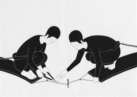 Two People Are Bending Over On The Ground With Chains Attached To Their Feet And Hands