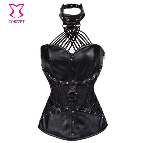 Black Leather Strappy Halter Neck Steel Boned Overbust Gothic Corset Corselet Plus Size Corsets