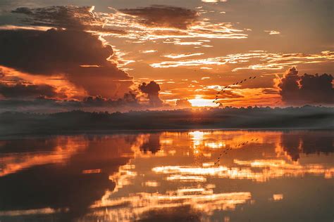Exotic And Beautiful Sunset Lake Reflections Clouds Birds Hd