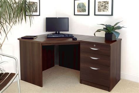 Small Office Corner Desk Set With 3 Drawers Walnut