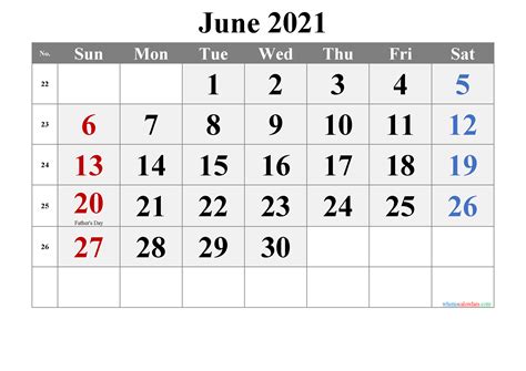 Printable June 2021 Calendar With Holidays Template Notr21m66
