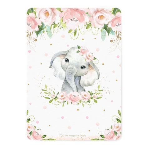 Sweet Elephant Blush Pink Floral Gold Baby Shower Invitation Zazzle