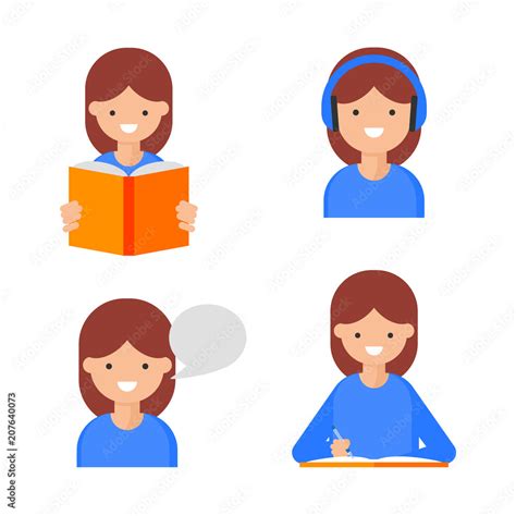 Reading Writing Speaking Listening Language Learning Icons Flat