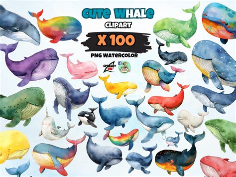 Watercolor Cute Whale Clipart Png Bundle Graphic By Nift Creative