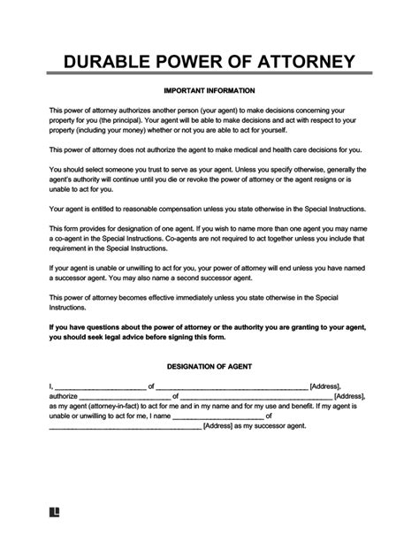 Free Durable Power Of Attorney Form Dpoa Legaltemplates