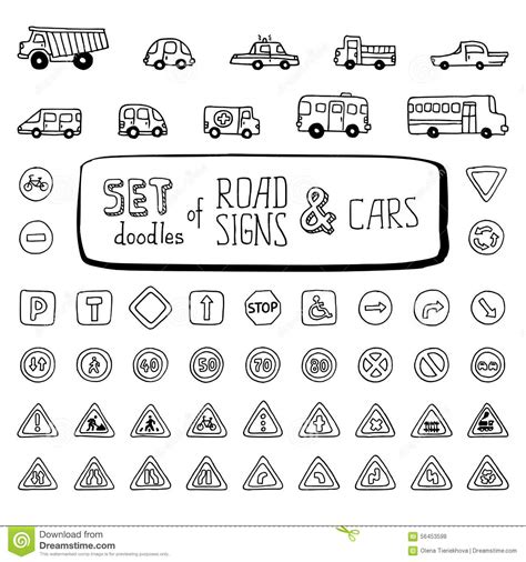Vector Set Of Doodles Road Signs And Cars Stock Vector Illustration