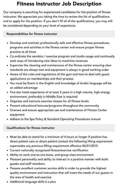 Fitness Instructor Job Description Velvet Jobs