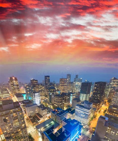 Night Aerial View Of Vancouver Skyscrapers From City Rooftop B Stock