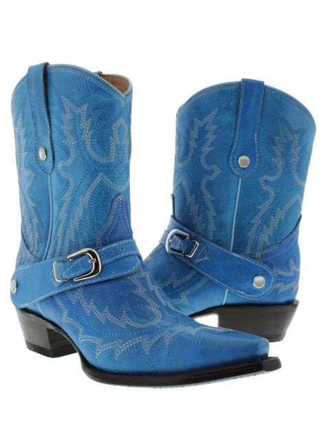 Womens Buckle Cowboy Boots Ladies Leather Turquoise Blue Cowboy Boots
