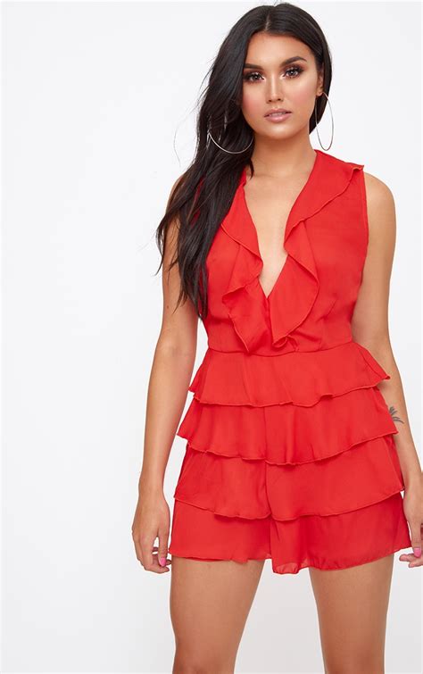 red ruffle layer playsuit prettylittlething