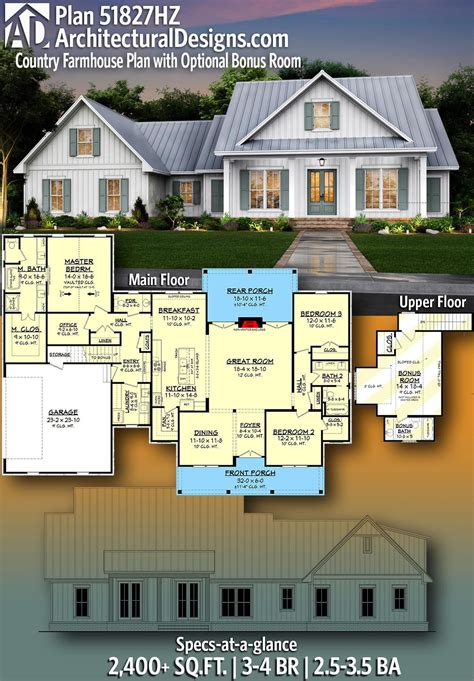 Plan 51827hz Country Farmhouse Plan With Optional Bonus Room