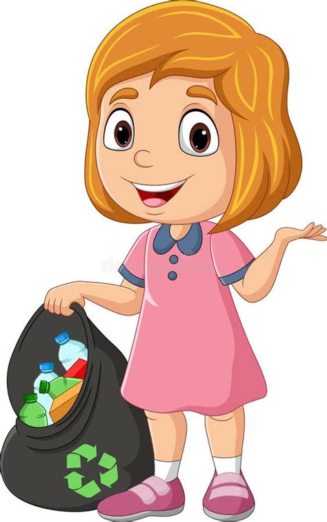 Cartoon Girl Gathering Bottles Into Garbage Bag Stock Vector