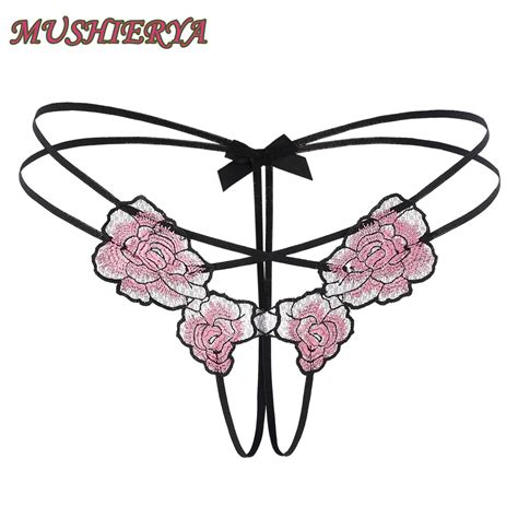 Mushierya Sexy Women Thongs Hot Open Crotch Panties Lace Underwear Crotchless Rose Embroidery G