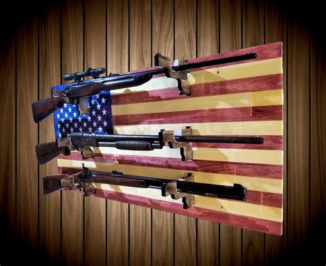 american flag patriotic gun rack pistol hangers 3 place aspen wood wall mount rifle shotgun