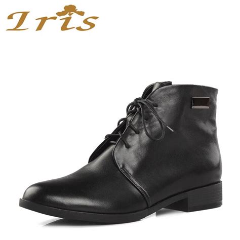 Buy Iris Leather Lace Up Boots Women Black Low Heels Round Toe Supper Quality