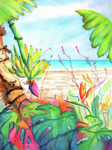 Tropical Beach Plants Ocean Front Painting By Carlin Blahnik