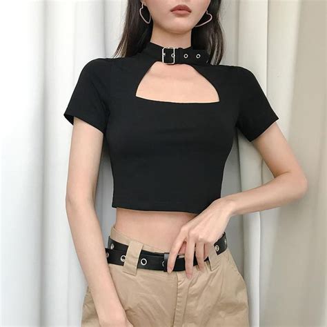 Black Hollow Out Belt Collar Cropped Top Crop Tops Women S Summer Fashion Tops
