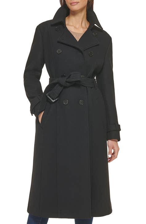 Cole Haan Flared Belted Wool Blend Trench Coat In Black Lyst