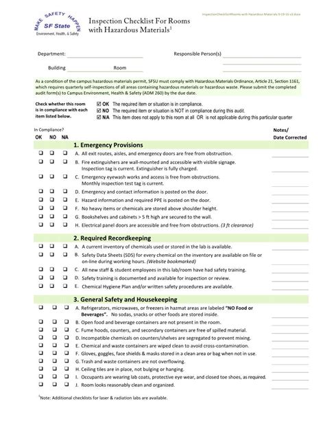 Inspection Checklist For Rooms With Hazardous Materials Docslib