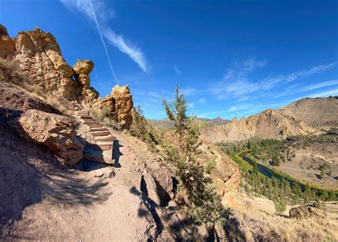 Stairs Along Smith Rock Hiking Trail With Beautiful View Stock Photo