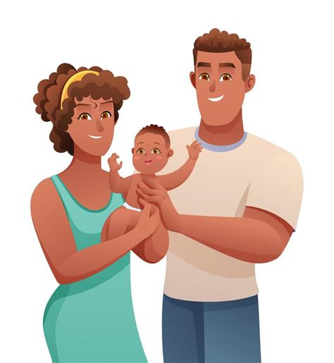 Happy Young Parents With Their Cute Little Baby In Cartoon Style