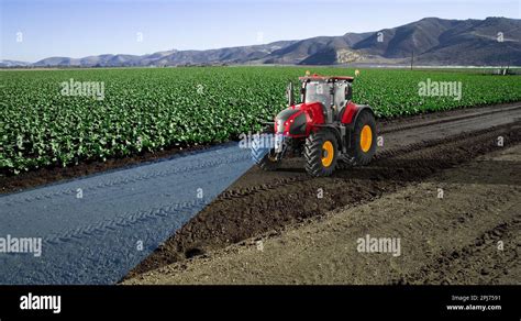 Autonomous Tractor Working In Lettuce Field Future 5g Technology With