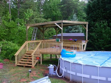 Having your own above ground pool with deck in your backyard may look like a dream come true, but it looks like you could diy one and it won't cost a fortune. #INTEX Pool with deck | Pool decks, In ground pools, Pool shed