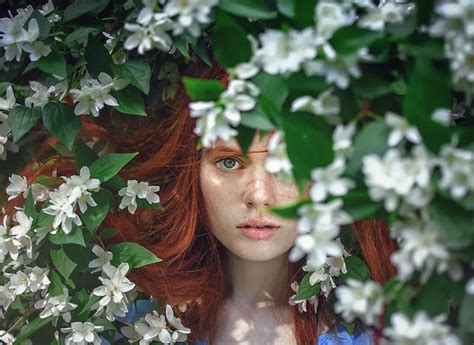 Ginger Haired Girl Hiding In A White Flower Bush Hd Wallpaper Download