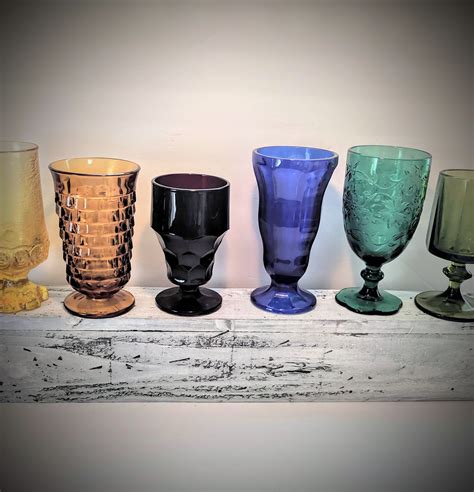 Vintage Mismatched Glass Goblets Jewel Tone Rainbow Collection Holiday T Table Set Of