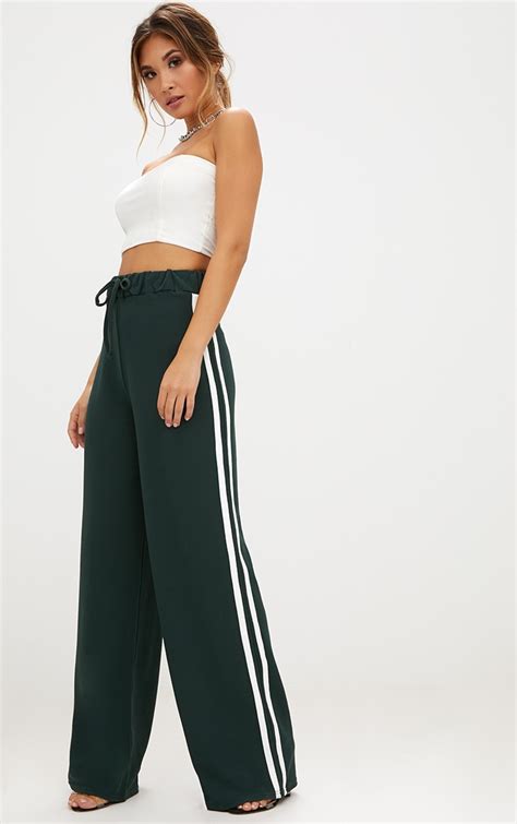 Forest Green Wide Leg Contrast Stripe Track Pants Prettylittlething Qa