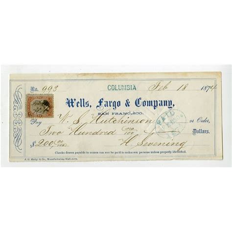 Wells Fargo And Co 1874 Issued Check