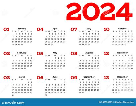 Anno 2024 Calendario Della Griglia Di Una Pagina Mese Multicolore Su