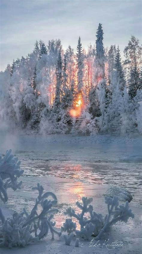 Winter Wonderland In Finland Snow Sunset Lake Ice By