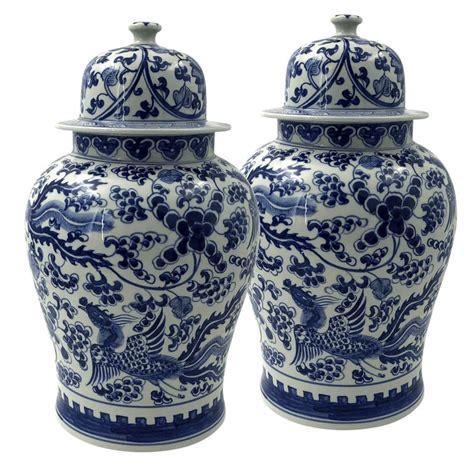 Benjara decorative porcelain ginger jar with finial lid, large, white. Pair of Large Blue and White Ginger Jars at 1stdibs