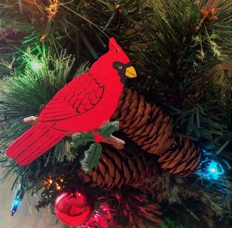 Cardinal Wood Christmas Tree Ornament Cardinal With Holly Etsy Wood