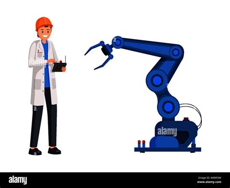 Engineer Operate Robotic Arm Flat Illustration Smart Industry