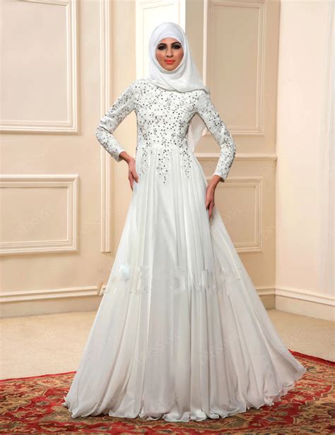 New Hijab Long Sleeves Arabic Wedding Gown Satin 2016 A Line Muslim Wedding Dresses Robe De