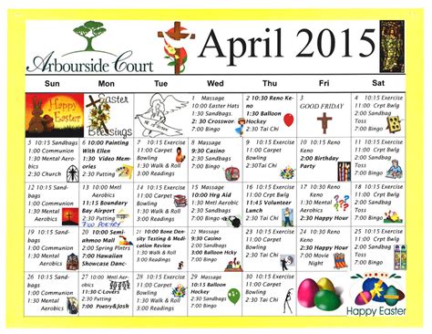 April 2015 Calendar Of Arbourside Court Seniors Activities