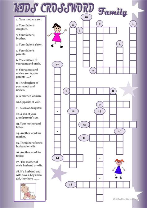 The purpose of this activity is for students to discover how the absence of wolves impacted the yellowstone national park ecosystem. Kids' Crossword: Family worksheet - Free ESL printable ...