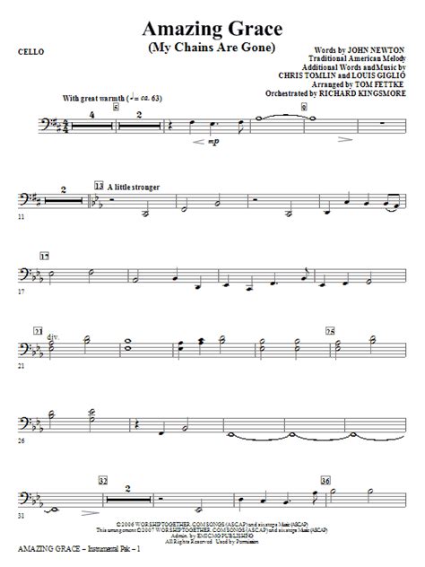 Digital sheet music for amazing grace (my chains are gone) by john newton, chris tomlin, louie giglio scored for piano/vocal/chords; Amazing Grace (My Chains Are Gone) - Cello | Sheet Music Direct