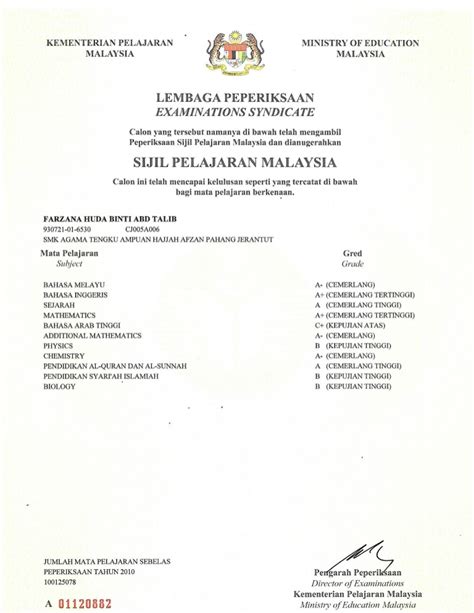 Sijil pelajaran malaysia (malaysian certificate of education). Scan sijil SPM