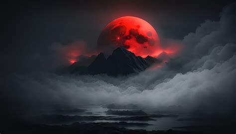 Wallpaper Ai Art Blood Moon Mist Clouds Mountains Water