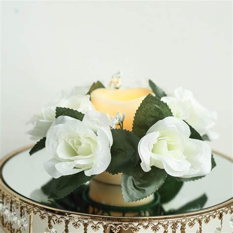 4 Pack Ivory Artificial Silk Rose Floral Candle Rings Efavormart