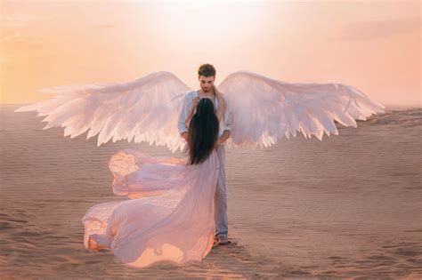 Men Angel Hugs Young Woman Long Dark Hair Dress Silk Fabric Flying