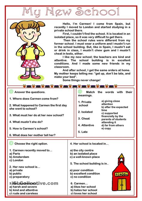 My New School Reading Comprehension Reading Comprehension For Kids