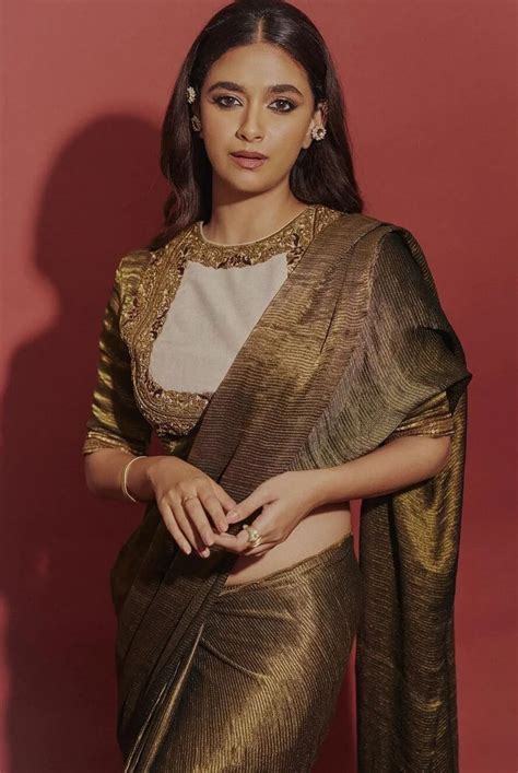 Keerthy Suresh In Antique Gold Saree At Dasara Promotions