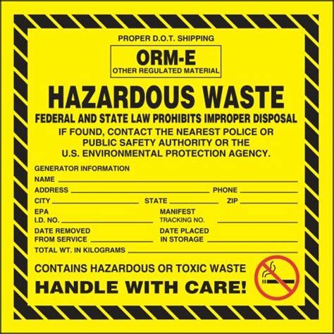 Hazardous Waste ORM E No Smoking Hazardous Waste Label MHZW06